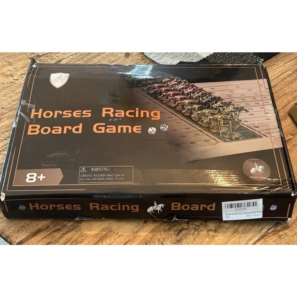 Horse Racing Board Game 11 Metal Horses Complete w Cards Dice Wooden Board